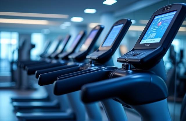 Row of modern cardio machines with screens