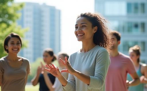 Group of office workers participating in a fitness activity outdoors